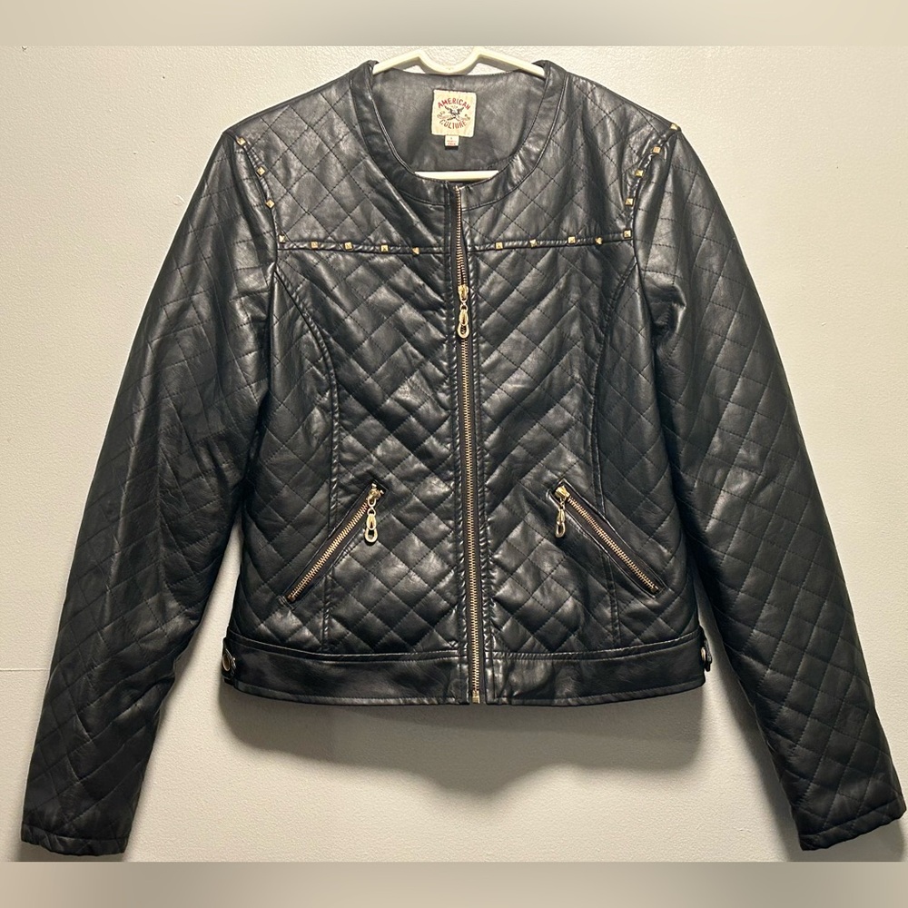 American Culture Black Faux Leather Quilted Moto Jacket.      Size Large